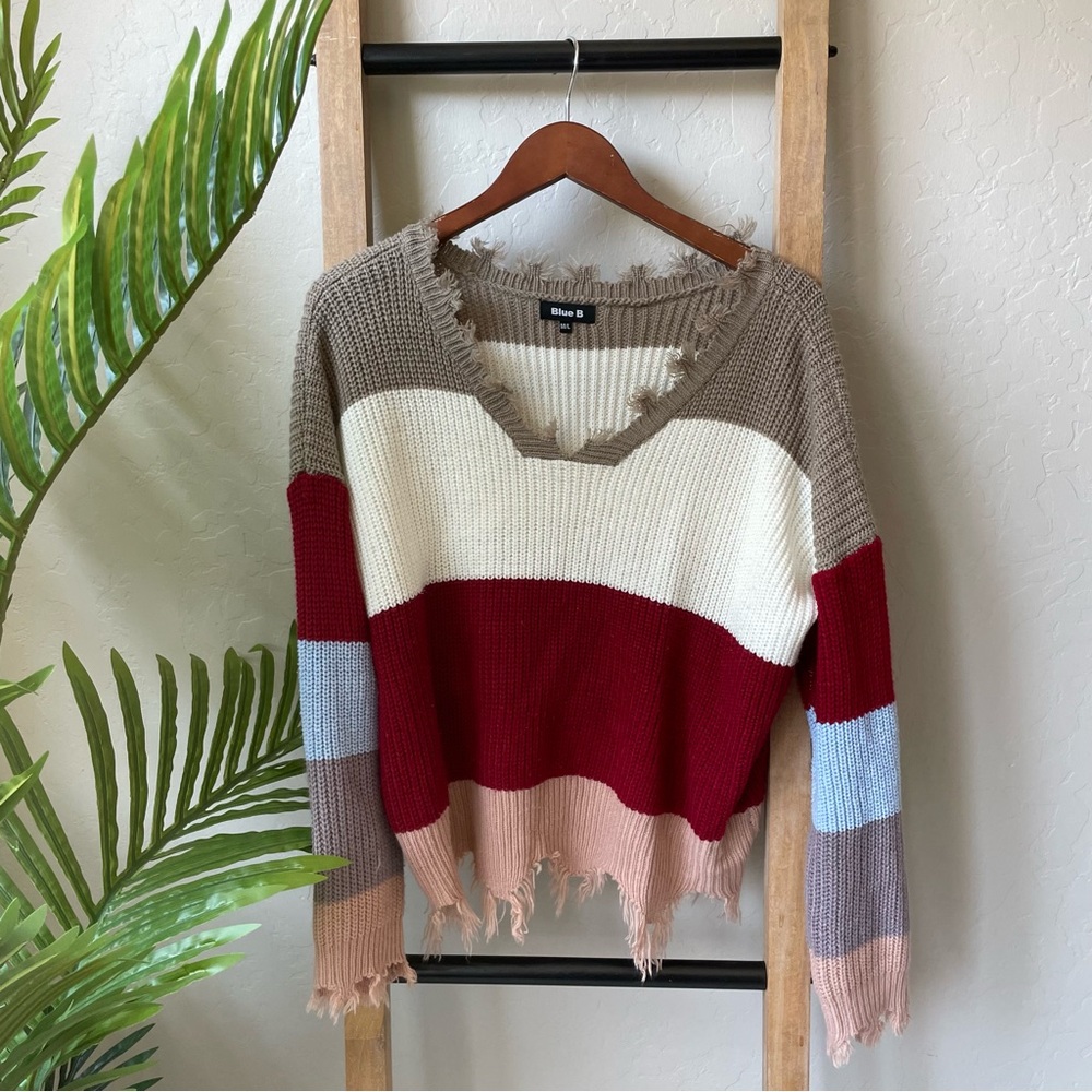 Blue B Boutique Distressed Hem Striped V-Neck Boho Cozy Knit Sweater